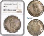 AD558, Peru, 8 Reales 1826-LIMA JM, Silver, NGC MS64, Rainbow toning! Top Pop! Rare!