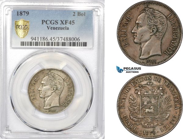 AD562-R, Venezuela, 2 Bolivares 1879, Caracas, Silver, PCGS XF45, Rare!