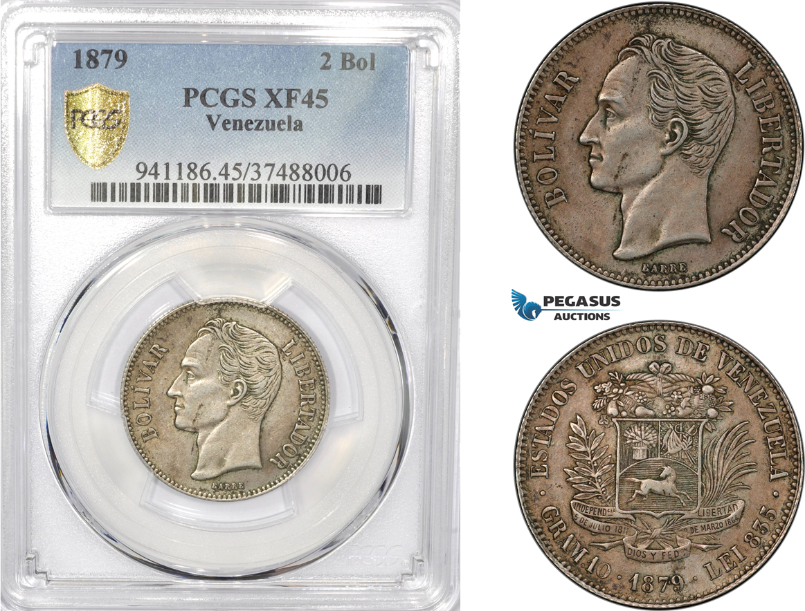 AD562-R, Venezuela, 2 Bolivares 1879, Caracas, Silver, PCGS XF45, Rare!