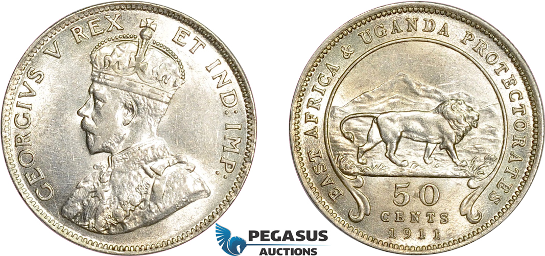 AD565, British East Africa & Uganda Protectorates, George V, 50 Cents 1911, Silver, Lustrous AU (Cleaned)