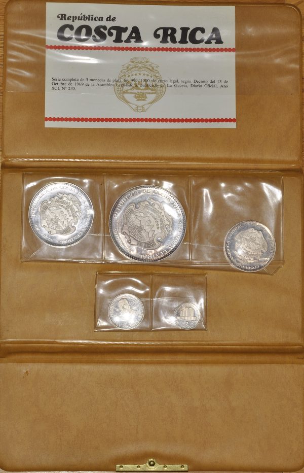 AD567, Costa Rica, 5-Piece silver Proof Set 1969: 2, 5, 10, 20 & 25 Colones, in original packing, COA #235