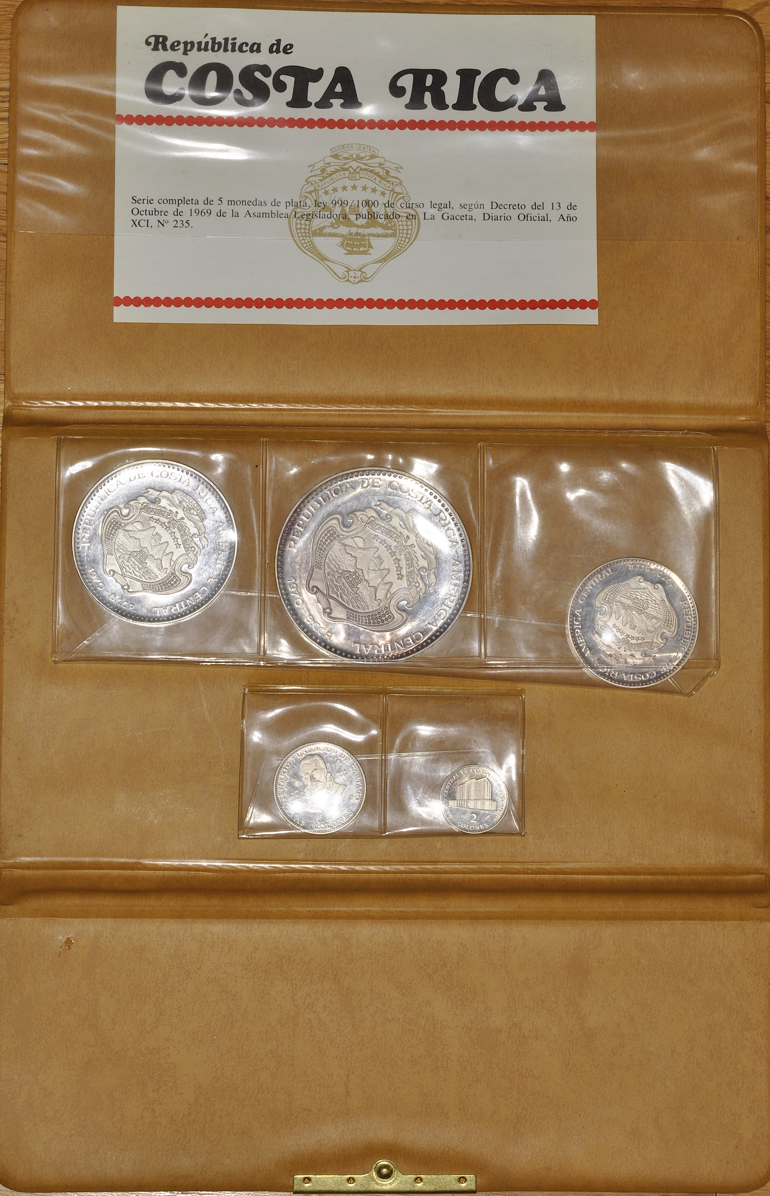 AD567, Costa Rica, 5-Piece silver Proof Set 1969: 2, 5, 10, 20 & 25 Colones, in original packing, COA #235