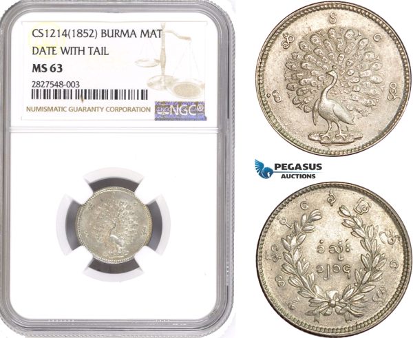 AD653, Myanmar (Burma) Pagan, Mat CS1214 (1852) Silver, Date with tail, NGC MS63, Top Pop!