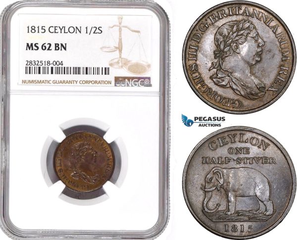 AD657, Ceylon, George III, 1/2 Stiver 1815, NGC MS62BN