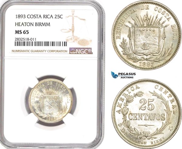 AD658, Costa Rica, 25 Centavos 1893 Heaton Birmm. Silver, Coin alignment, NGC MS65