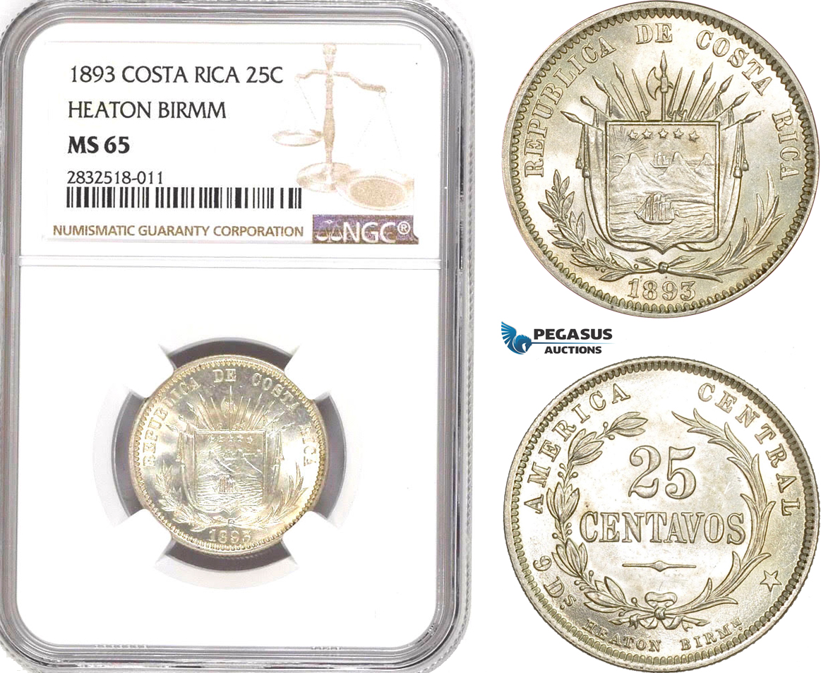 AD658, Costa Rica, 25 Centavos 1893 Heaton Birmm. Silver, Coin alignment, NGC MS65
