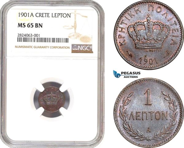 AD659, Crete, George I. of Greece, 1 Lepton 1901-A, Paris, NGC MS65BN