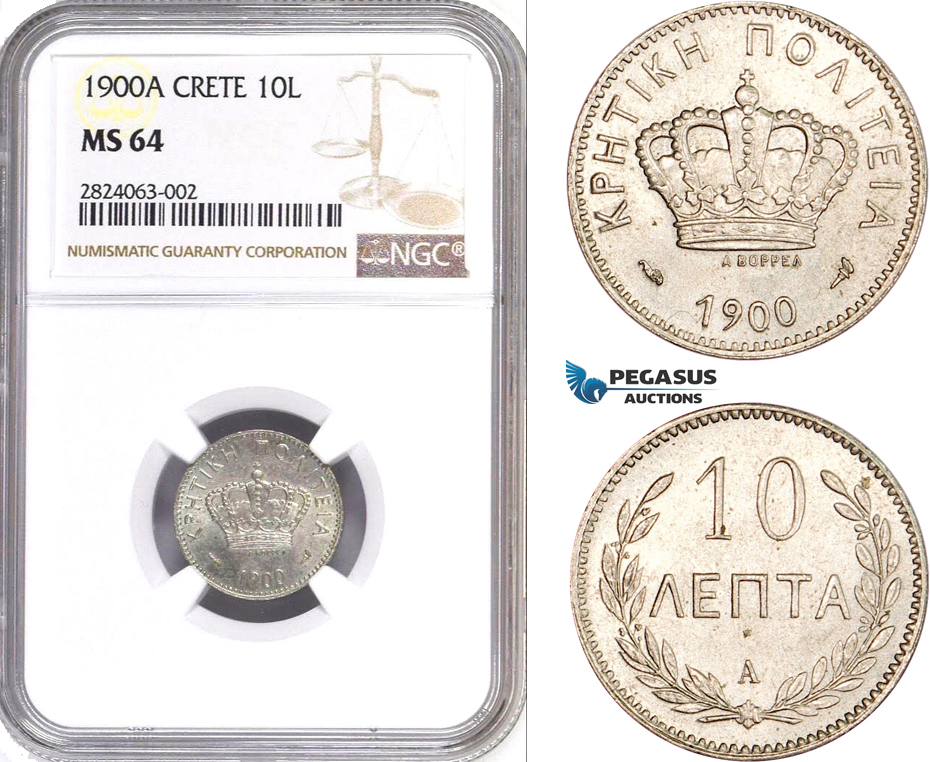 AD660, Crete, George I. of Greece, 10 Lepta 1900-A, Paris, NGC MS64
