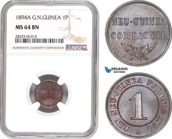 AD668, German New Guinea, 1 Pfennig 1894-A, Berlin, NGC MS64BN