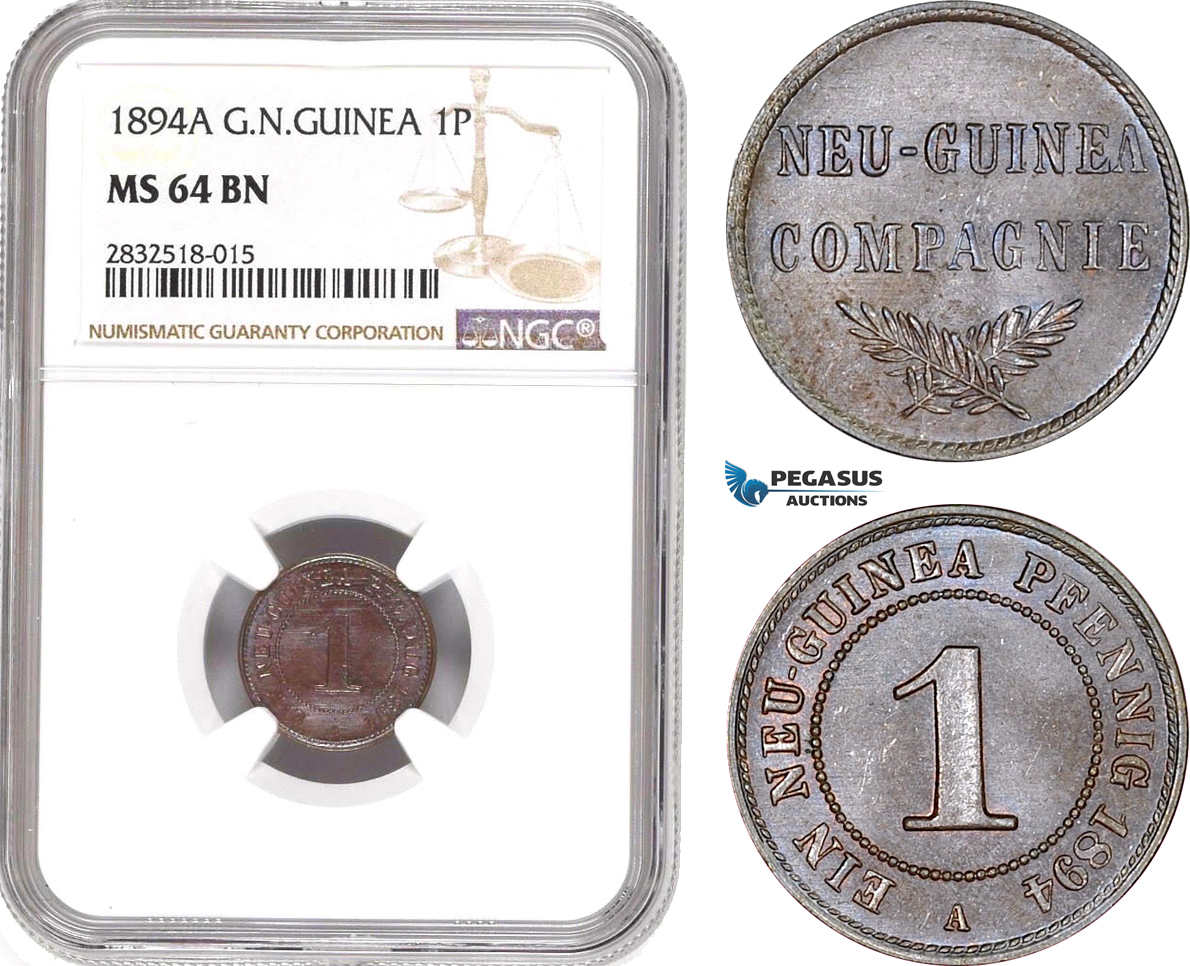 AD668, German New Guinea, 1 Pfennig 1894-A, Berlin, NGC MS64BN