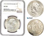 AD680, Montenegro, Nicholas I, 5 Perpera 1914, Silver, NGC AU58
