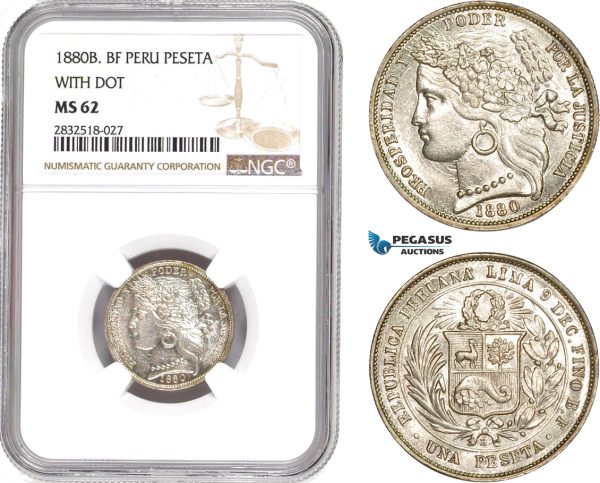 AD681, Peru, 1 Peseta 1880-B BF, Silver, "With dot" NGC MS62