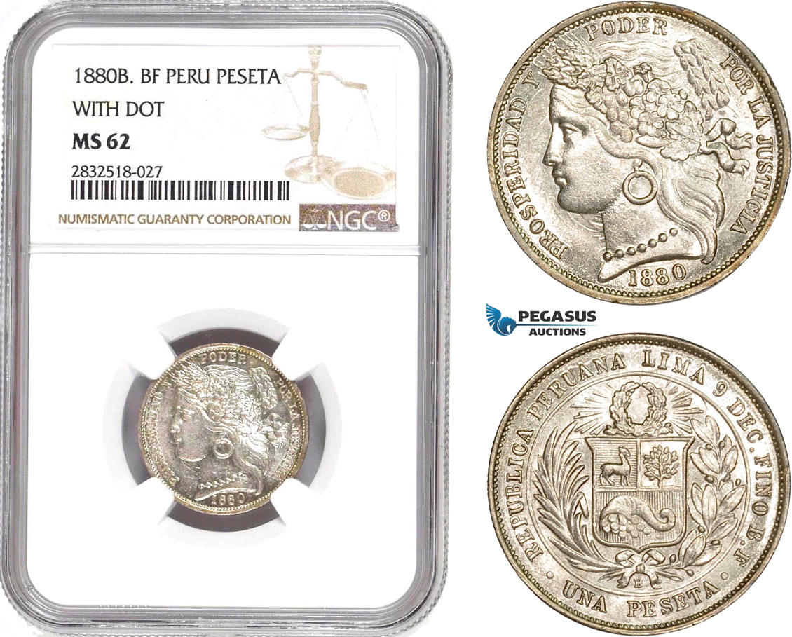 AD681, Peru, 1 Peseta 1880-B BF, Silver, "With dot" NGC MS62