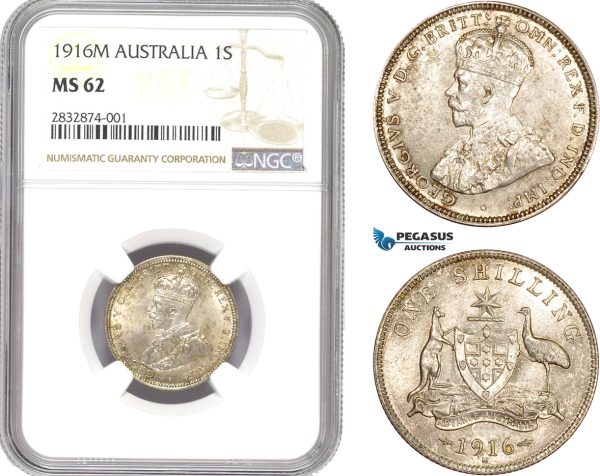 AD707, Australia, George V, 1 Shilling 1916-M, Melbourne, Silver, NGC MS62