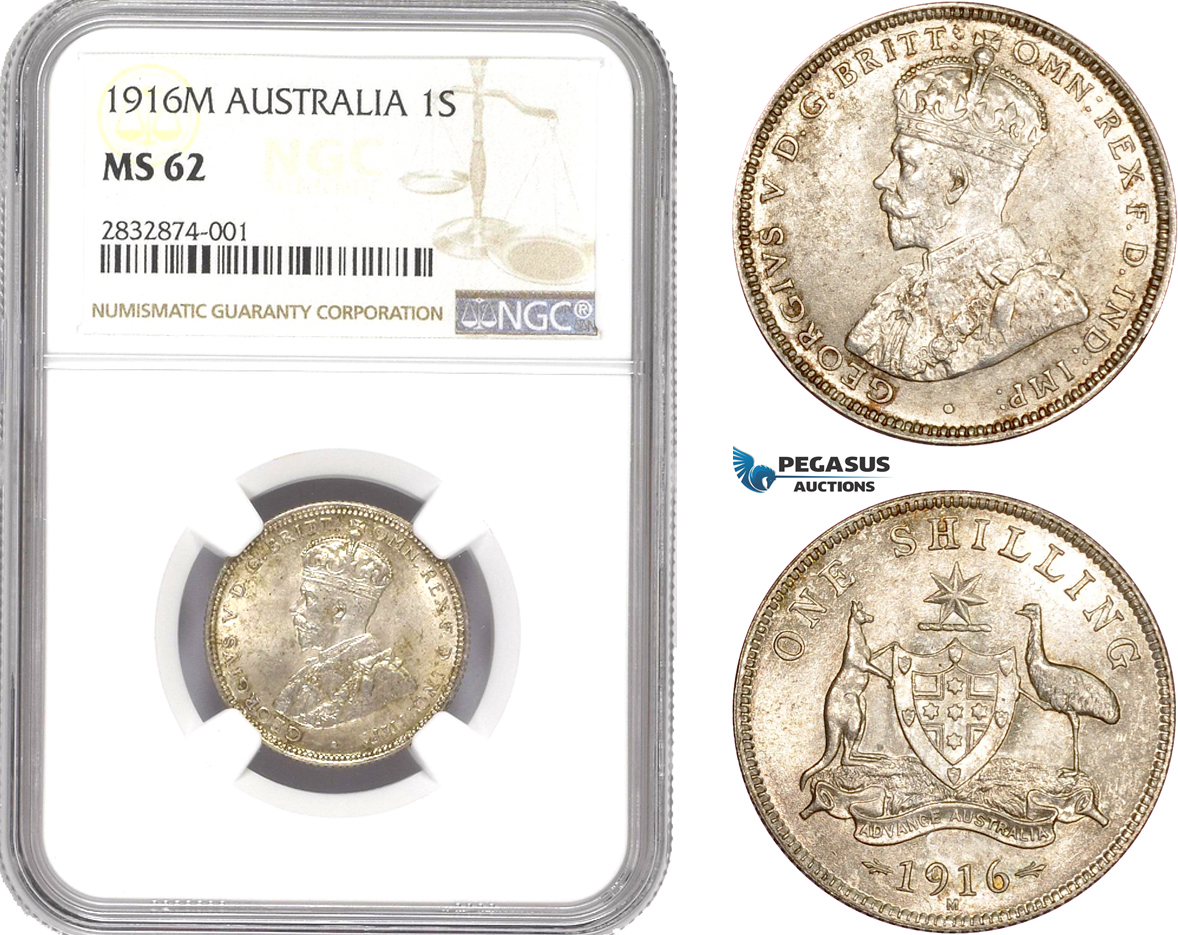 AD707, Australia, George V, 1 Shilling 1916-M, Melbourne, Silver, NGC MS62