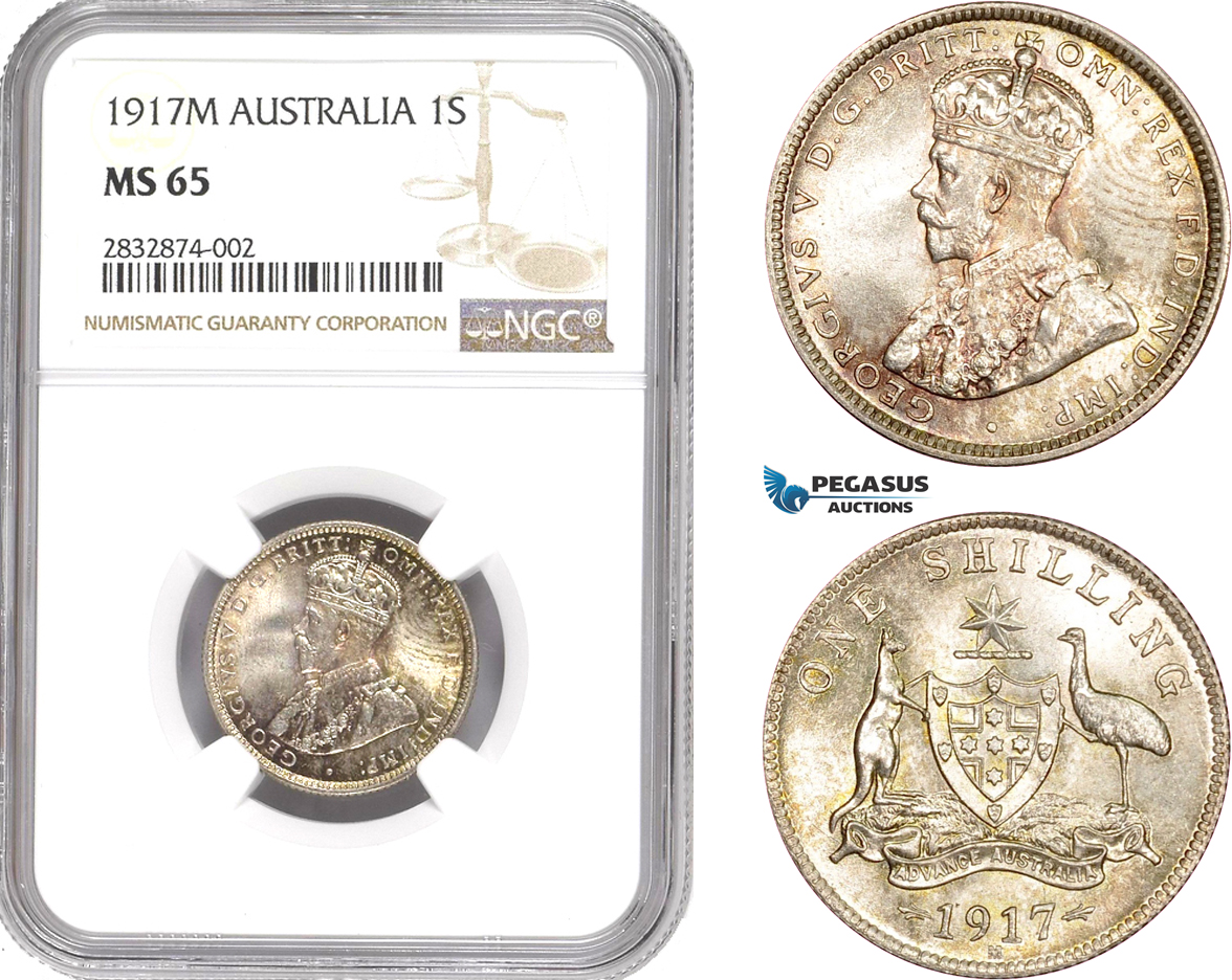 AD708, Australia, George V, 1 Shilling 1917-M, Melbourne, Silver, NGC MS65, Pop 3/1