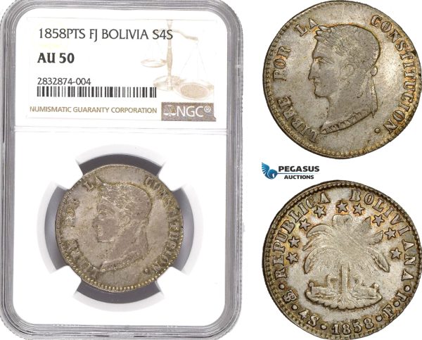 AD710, Bolivia, 4 Soles 1858 PTS/FJ, Potosi, Silver, NGC AU50
