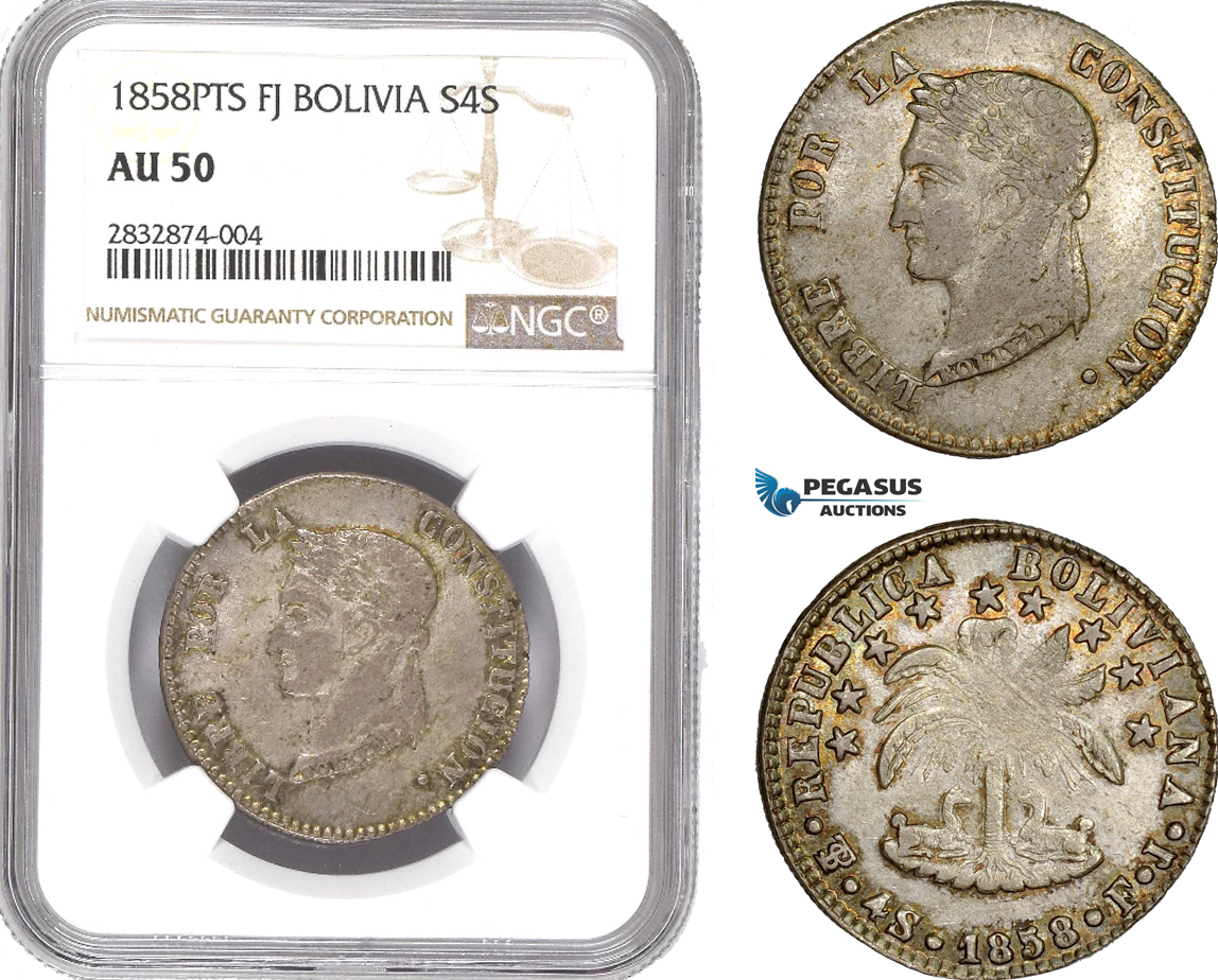 AD710, Bolivia, 4 Soles 1858 PTS/FJ, Potosi, Silver, NGC AU50