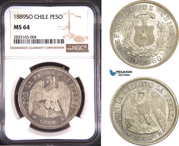 AD718, Chile, 1 Peso 1889-SO, Santiago, Silver, NGC MS64