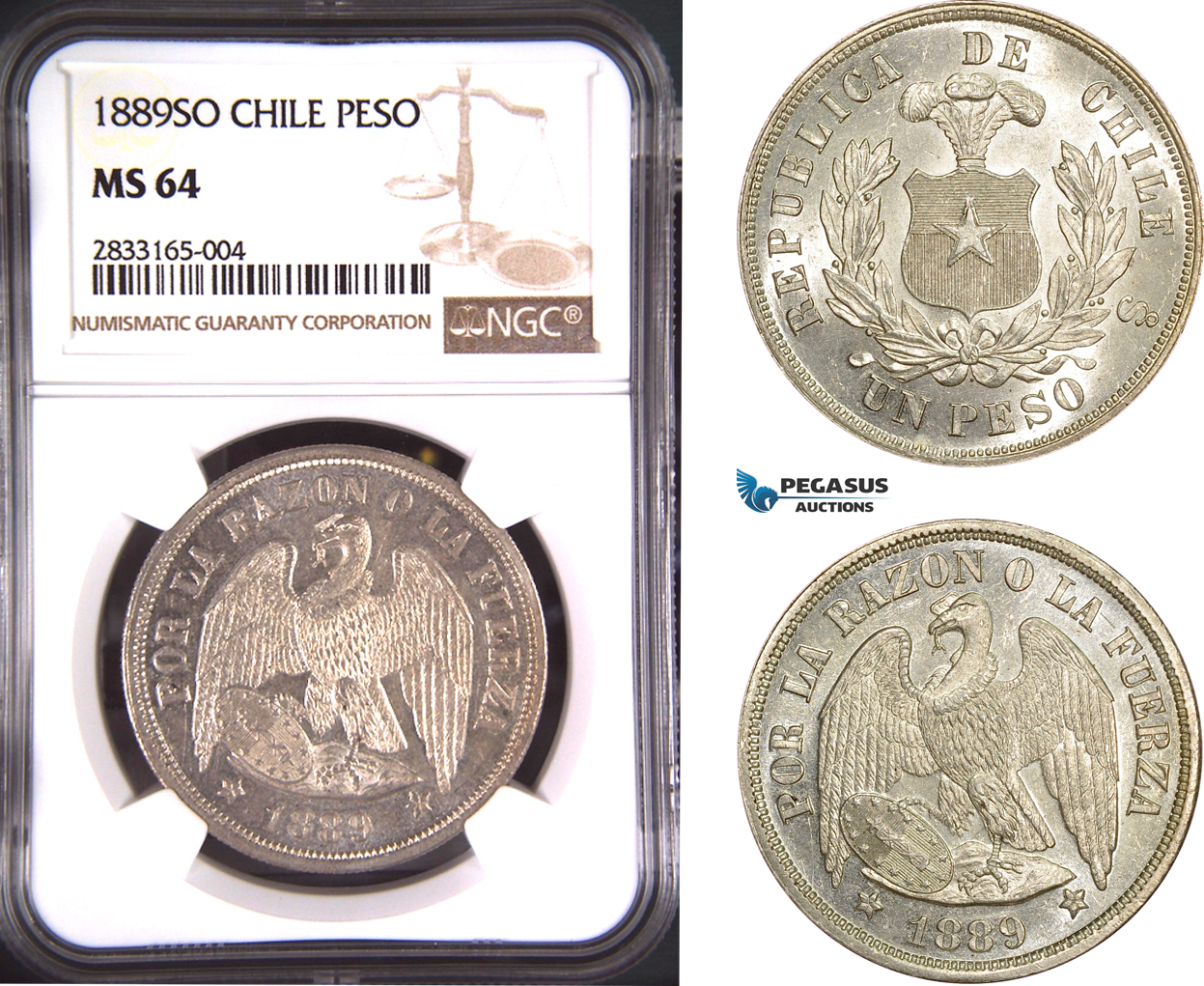 AD718, Chile, 1 Peso 1889-SO, Santiago, Silver, NGC MS64