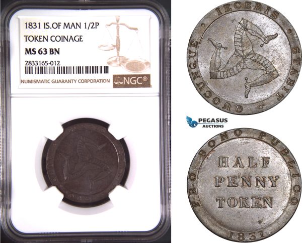 AD746, Isle of Man, Token 1/2 Penny 1831, NGC MS63BN, Pop 1/0