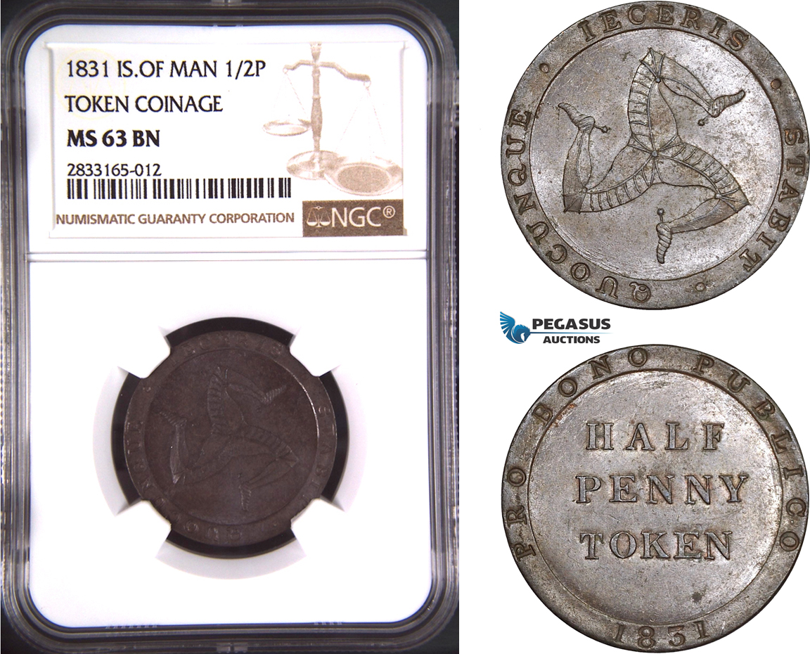 AD746, Isle of Man, Token 1/2 Penny 1831, NGC MS63BN, Pop 1/0