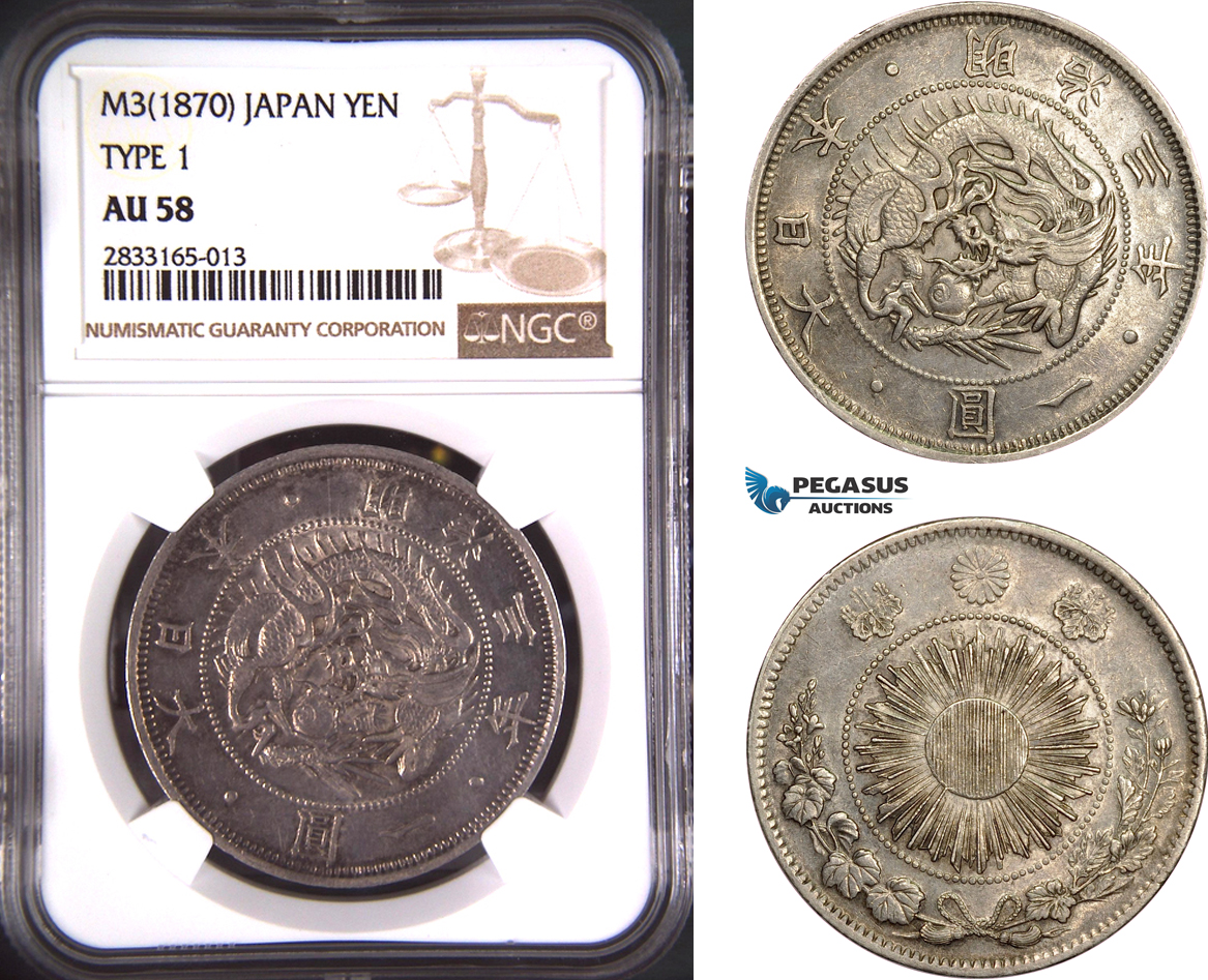 AD748, Japan, Meiji, Yen Yr. 3 (1870) Silver, Type I, NGC AU58
