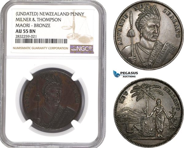 AD752-R, New Zealand, Token Penny ND, KM-TN49, Milner & Thompson, Maori, NGC AU55BN