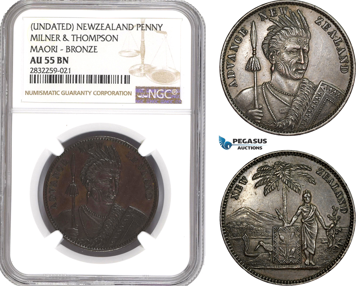 AD752-R, New Zealand, Token Penny ND, KM-TN49, Milner & Thompson, Maori, NGC AU55BN