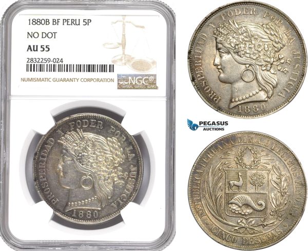 AD754-R, Peru, 5 Pesetas 1880-B/BF, Silver, No Dot, NGC AU55