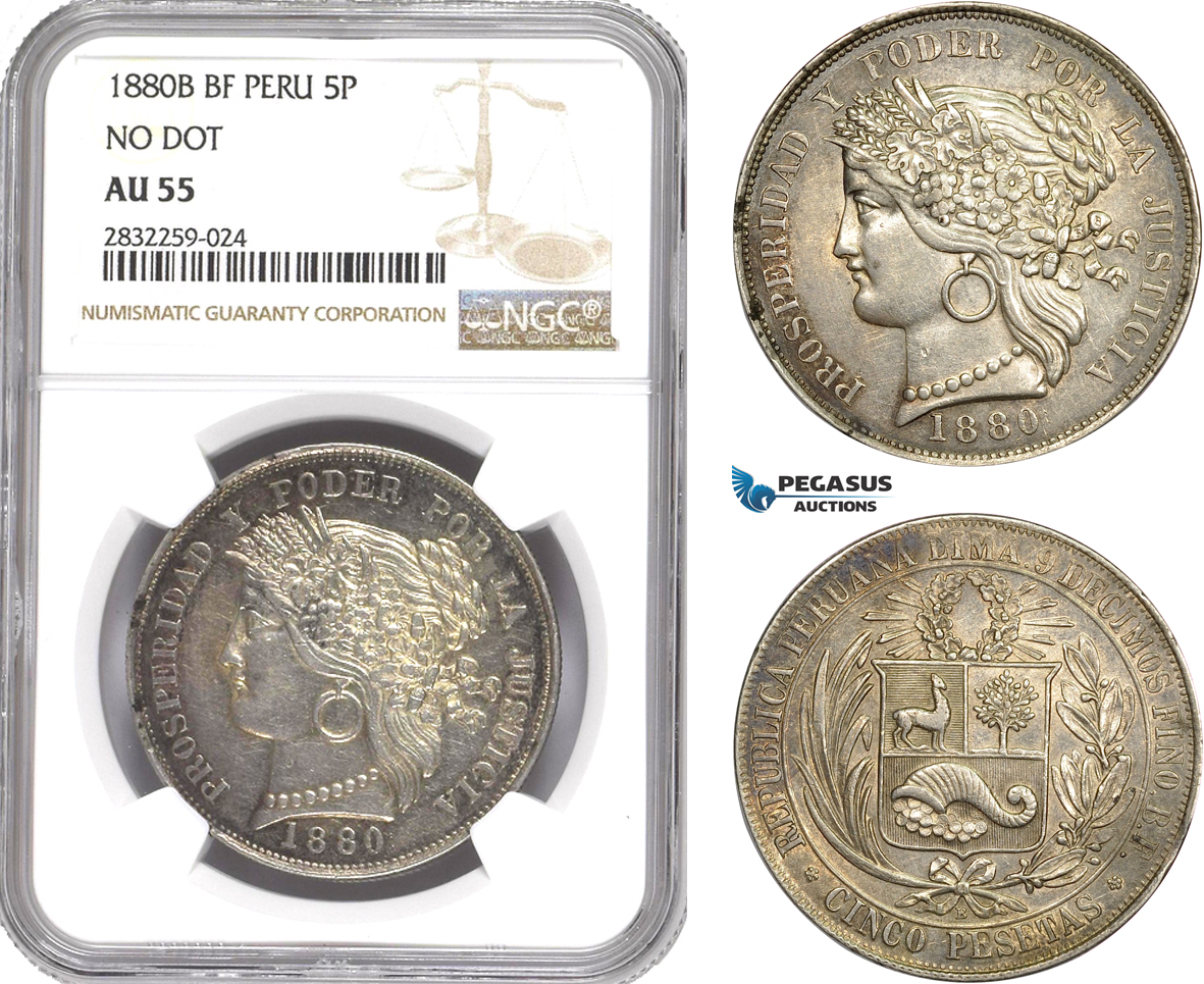 AD754-R, Peru, 5 Pesetas 1880-B/BF, Silver, No Dot, NGC AU55