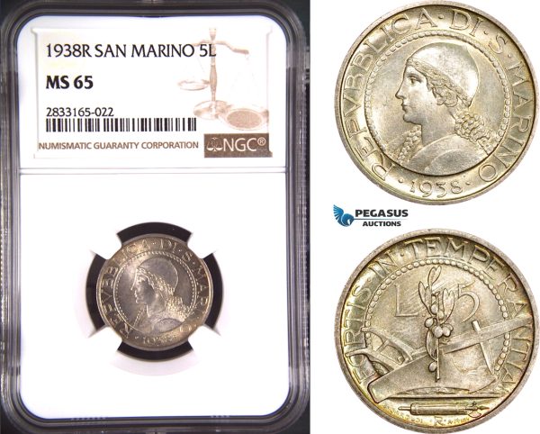 AD763, San Marino, 5 Lire 1938-R, Rome, Silver, NGC MS65