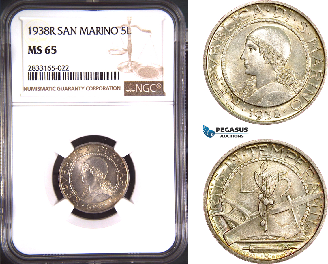 AD763, San Marino, 5 Lire 1938-R, Rome, Silver, NGC MS65