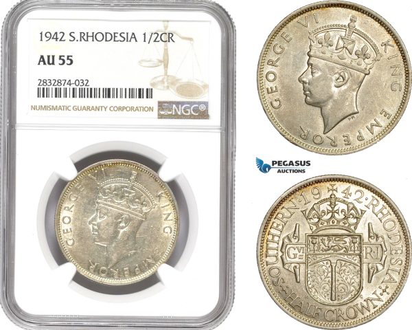 AD767, Southern Rhodesia, George VI, Half Crown 1942, Silver, NGC AU55