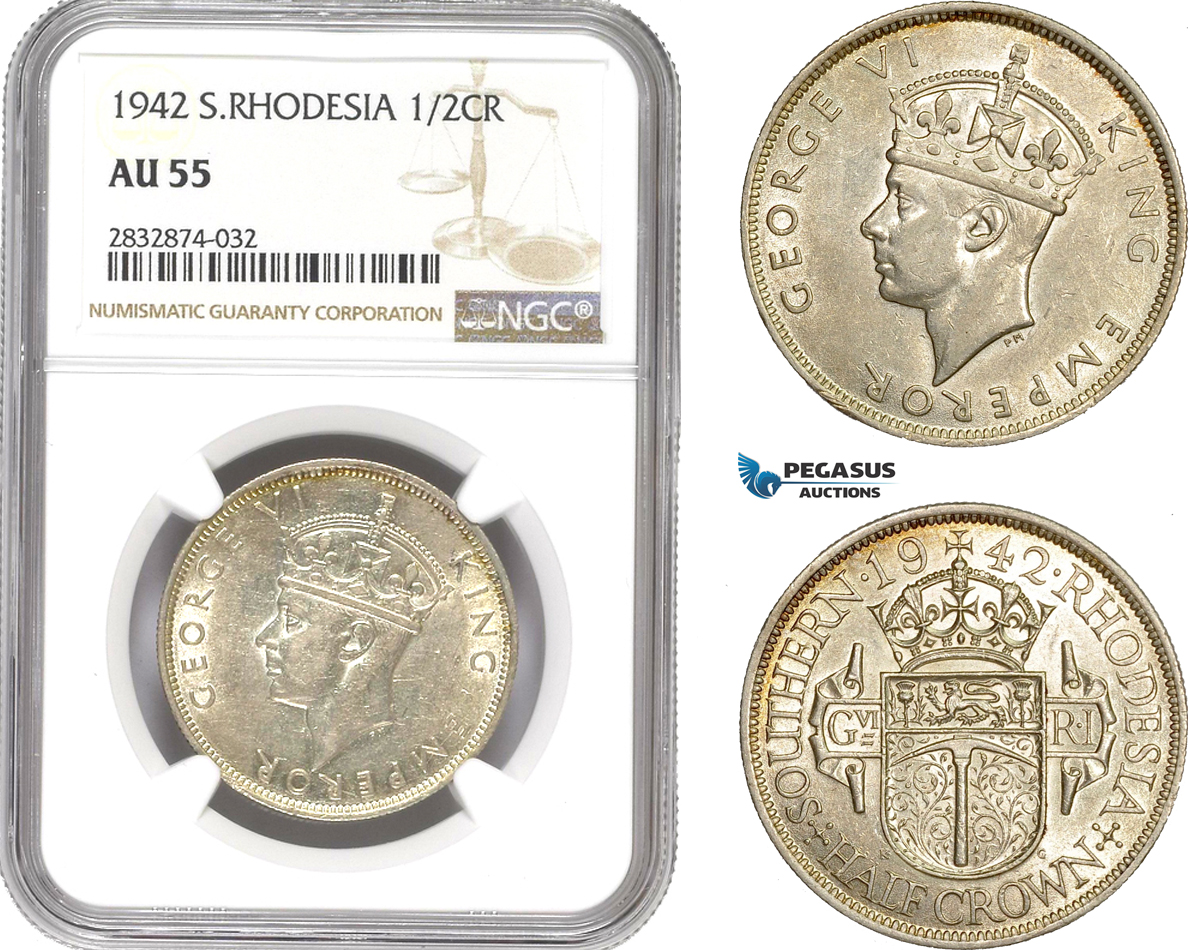 AD767, Southern Rhodesia, George VI, Half Crown 1942, Silver, NGC AU55