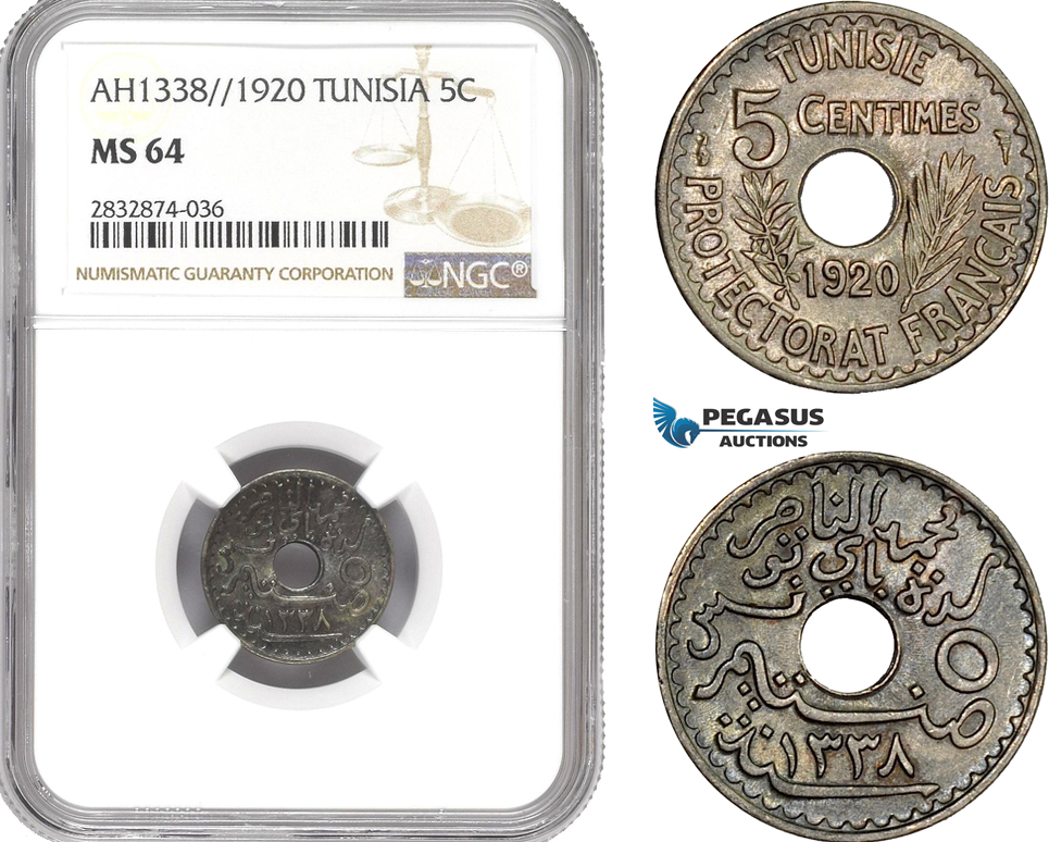 AD784, Tunisia, Muhammad al-Nasir, 5 Centimes AH1338 / 1920, NGC MS64, Pop 1/0