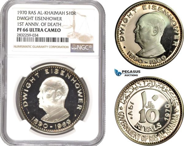 AD787-R, United Arab Emirates, Ras Al-Khaimah, 10 Riyals 1970, Silver, "Dwight Eisenhower" NGC PF66UC