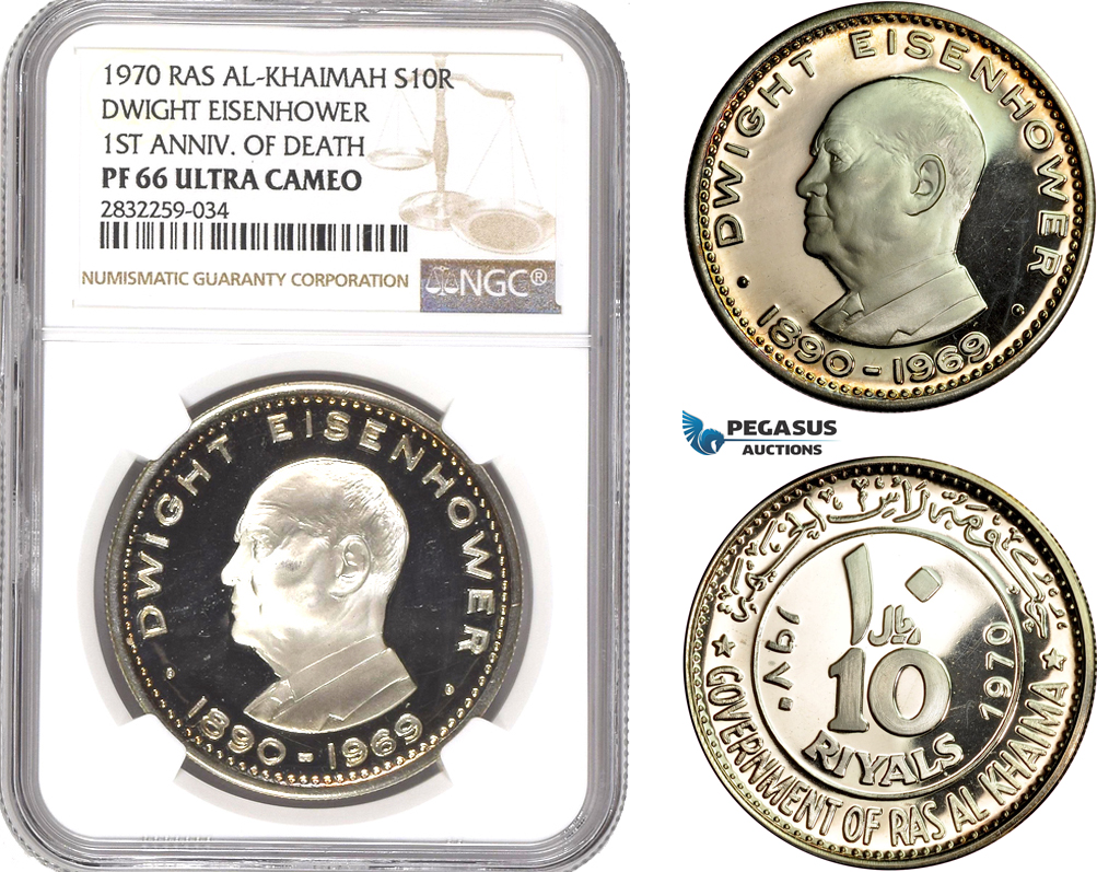 AD787-R, United Arab Emirates, Ras Al-Khaimah, 10 Riyals 1970, Silver, "Dwight Eisenhower" NGC PF66UC