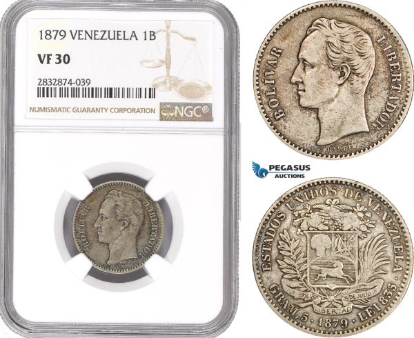 AD789, Venezuela, 1 Bolivar 1879, Brussels, Silver, NGC VF30