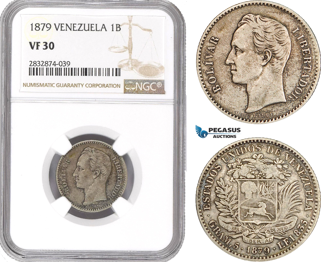 AD789, Venezuela, 1 Bolivar 1879, Brussels, Silver, NGC VF30