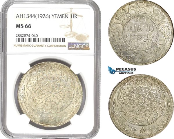 AD790, Yemen, Imam Yahya, Imadi Riyal AH1344 (1926) Silver, NGC MS66