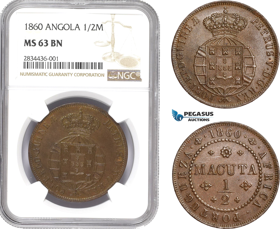 AD791, Angola (Portuguese) Pedro V, 1/2 Macuta 1860, NGC MS63BN