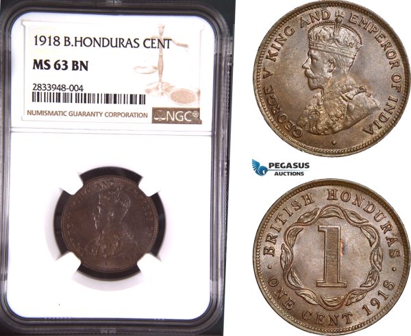 AD794, British Honduras, George V, 1 Cent 1918, NGC MS63BN