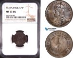 AD801, Cyprus, George V, 1/4 Piastre 1926, London, NGC MS63BN