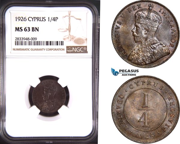AD801, Cyprus, George V, 1/4 Piastre 1926, London, NGC MS63BN