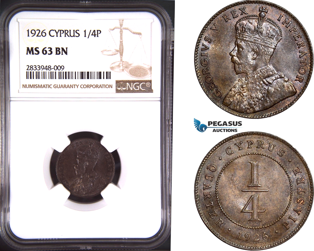 AD801, Cyprus, George V, 1/4 Piastre 1926, London, NGC MS63BN