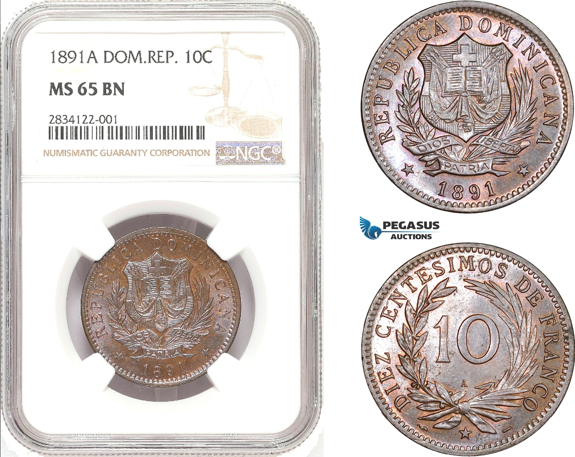 AD802, Dominican Republic, 10 Centesimos 1891-A, Paris, NGC MS65BN