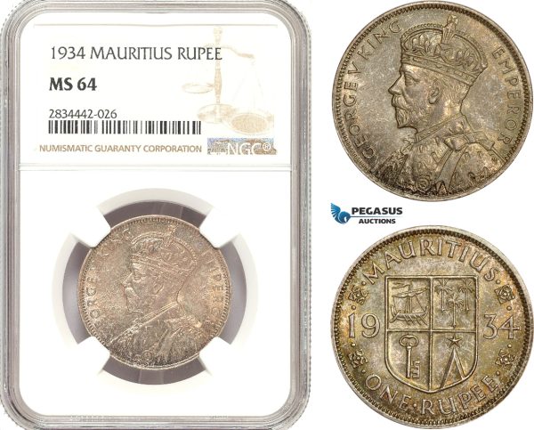 AD892, Mauritius, George V, 1 Rupee 1934, Silver, NGC MS64