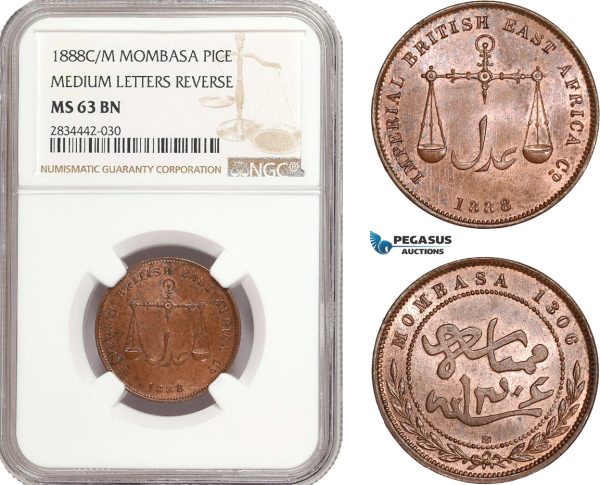 AD896, Mombasa, Pice 1888 C/M "Medium Letters Reverse" NGC MS63BN