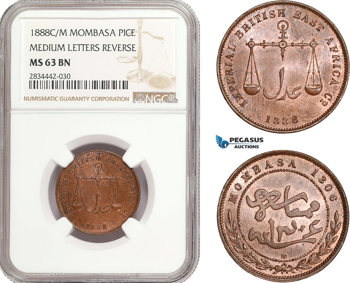 AD896, Mombasa, Pice 1888 C/M "Medium Letters Reverse" NGC MS63BN